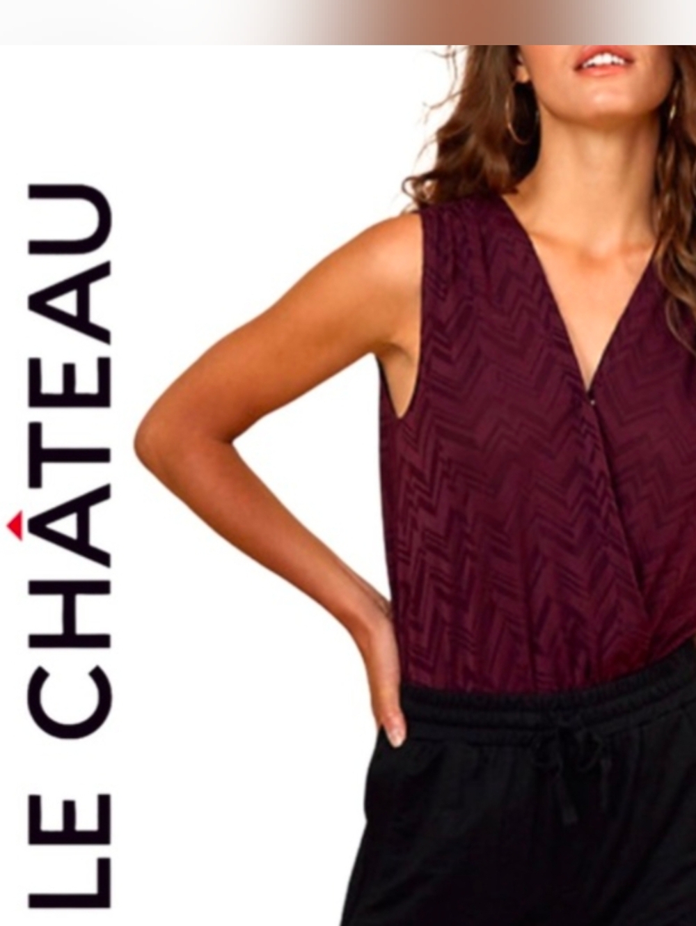 Le Chateau Dark Burgundy Bodysuit Blouse Size XXL Sleeveless Chevron New!